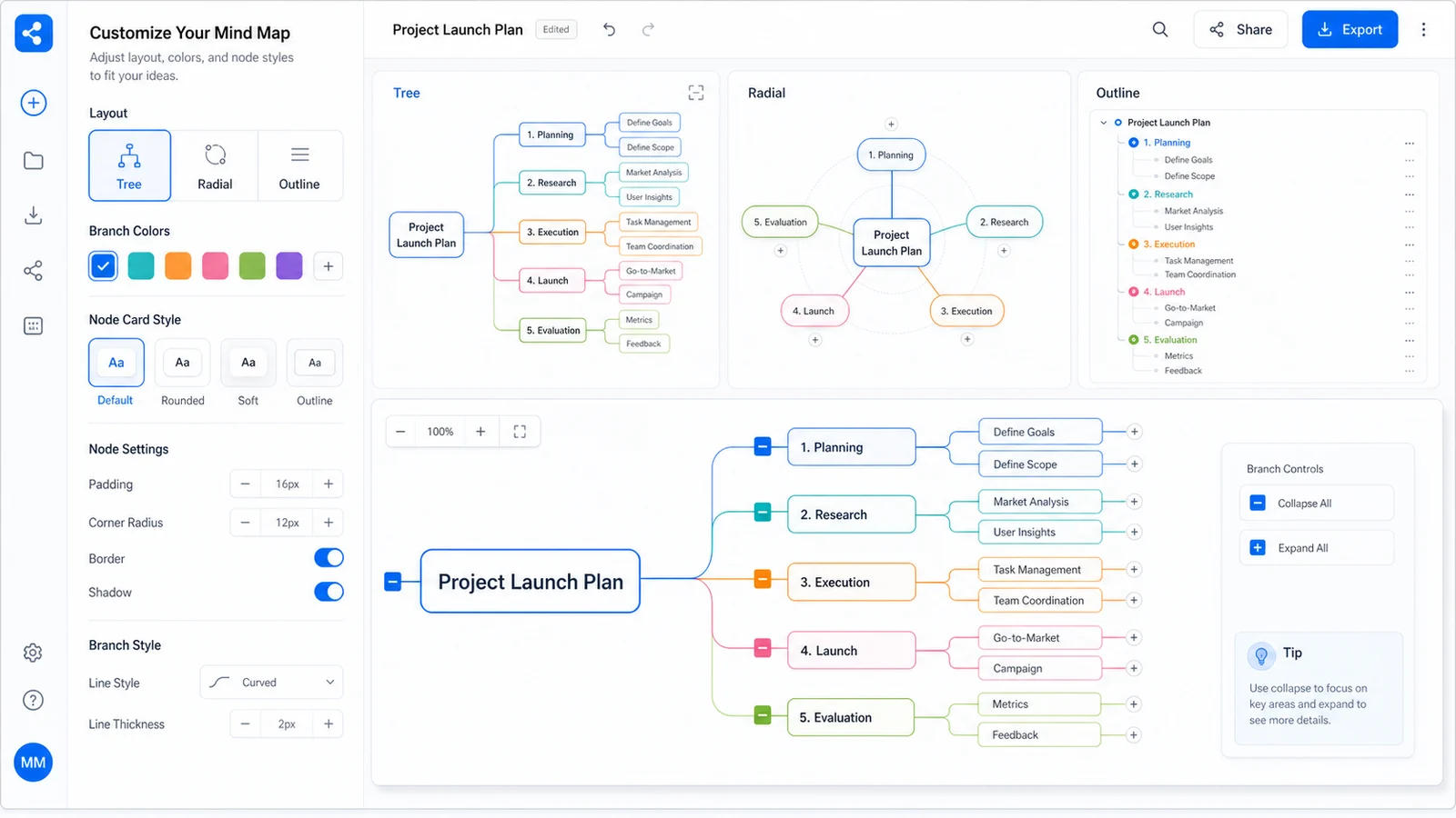 Mind Map Maker structure panel showing 20 layout thumbnails, themes, and node icons