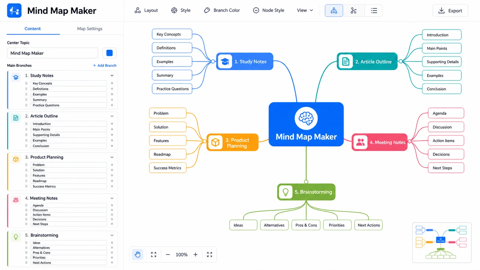 Mind Map Maker editor with a central topic, branches, subnodes, and node cards on a dotted canvas