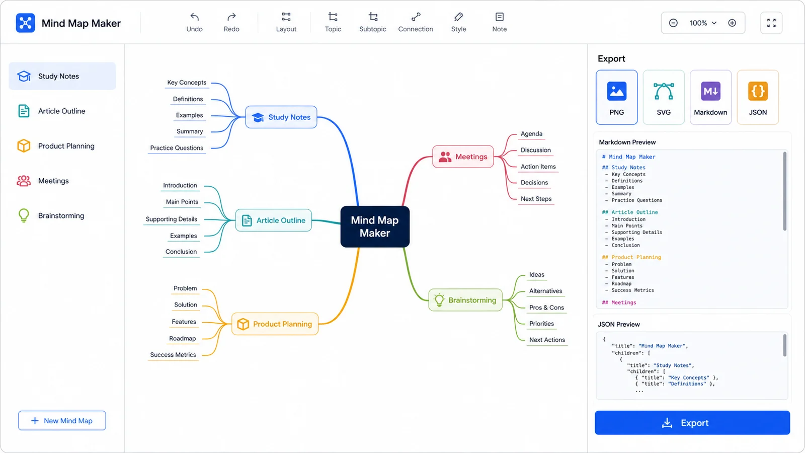 Mind Map Maker export menu with PNG, SVG, and JSON options beside a finished diagram