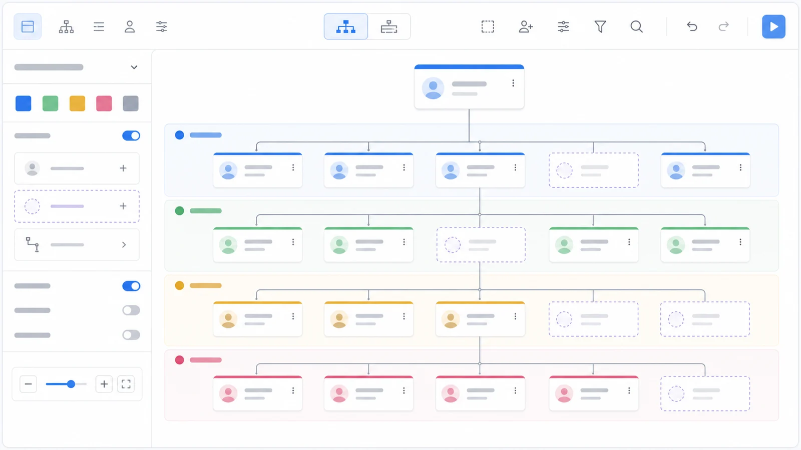 Organizational Chart Maker customization screen with horizontal layout, department grouping, and vacant role cards