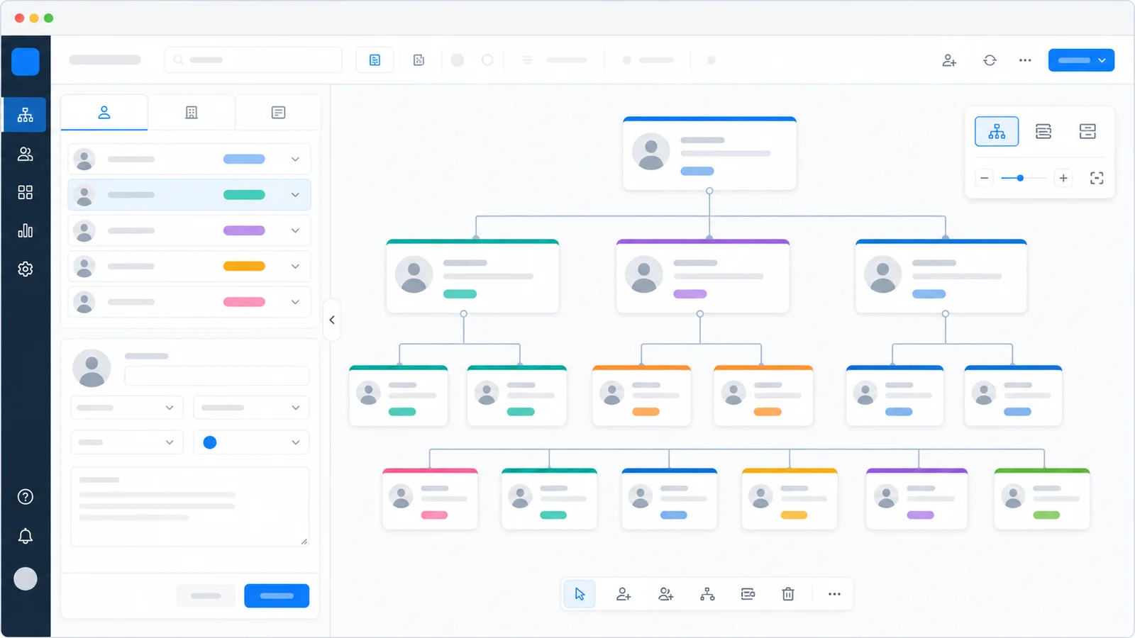 Organizational Chart Maker editor with people fields, department labels, and a live org chart tree