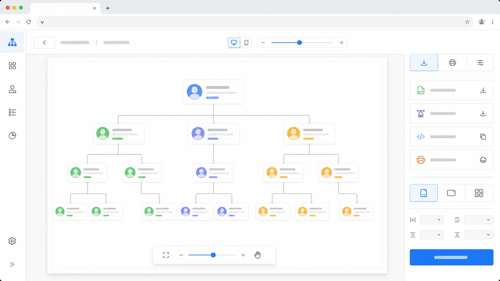 Organizational Chart Maker export screen with PNG, SVG, JSON, and print organization chart options