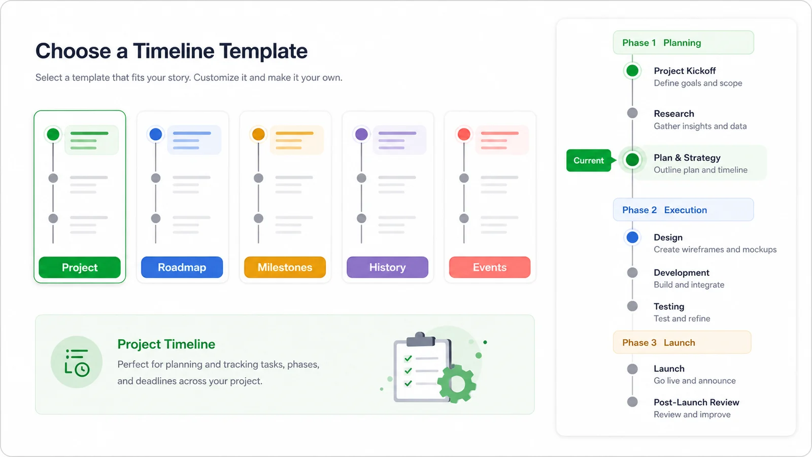 Timeline Maker template switcher showing project, roadmap, milestone, history, and event timeline modes