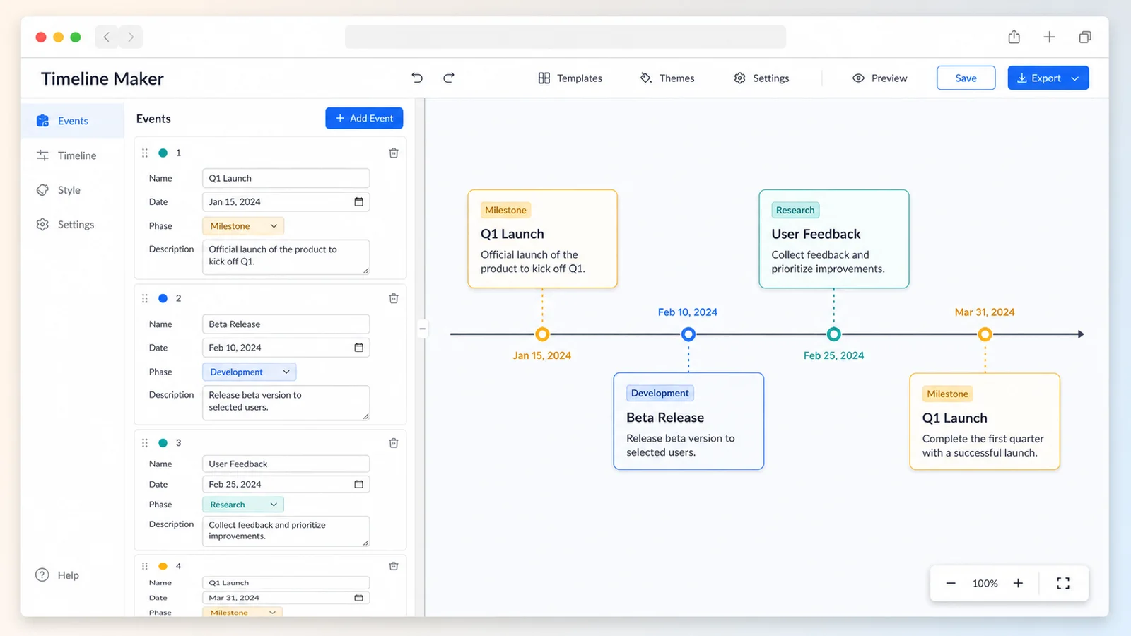 Timeline Maker editor with event rows, dates, phases, descriptions, and a horizontal timeline preview