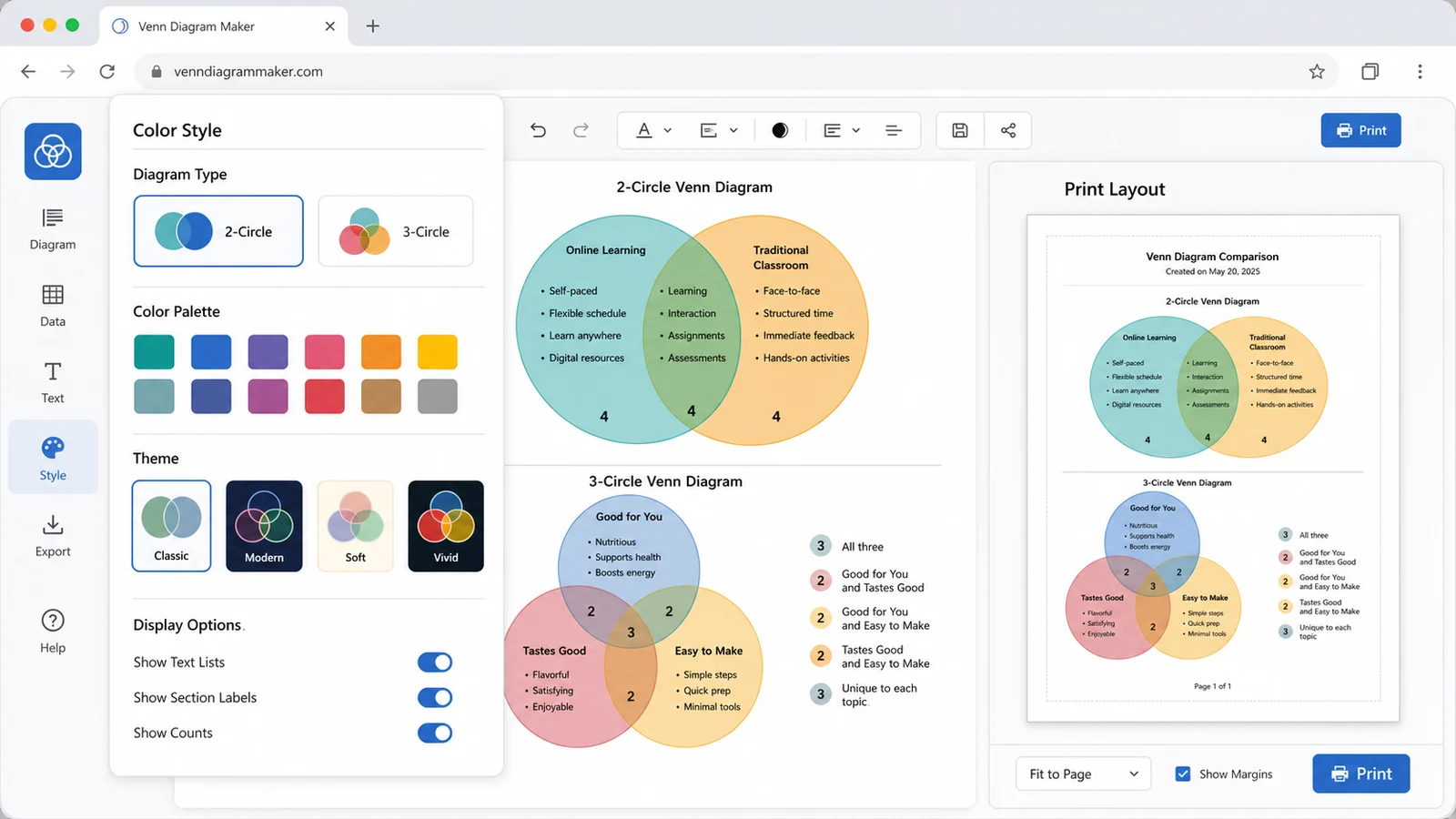 Venn Diagram Maker style screen with color swatches, 2 circle and 3 circle diagrams, and print layout