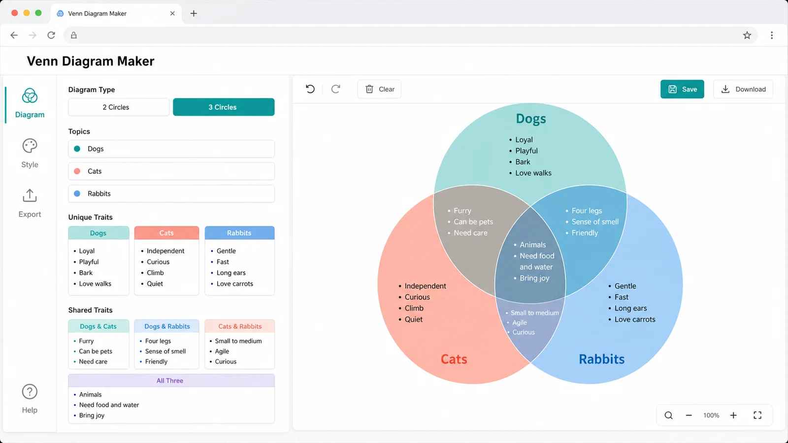 Venn Diagram Maker editor showing topic fields and a 3 circle Venn diagram preview